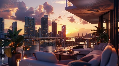 Fototapeta Naklejka Na Ścianę i Meble -  A beautiful sunset over the Miami skyline as seen from the balcony of an upscale apartment with modern furnishings and floor-to-ceiling windows overlooking the buildings.