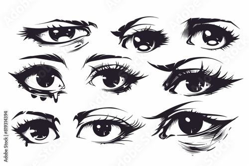 Set of hand drawn of eye with different emotions. set vector icon, white background, black colour icon