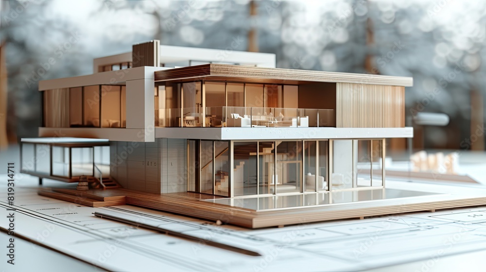 Obraz premium An architectural model showing the construction plan and all the details of a modern house. A close-up shot captures all the fine details.