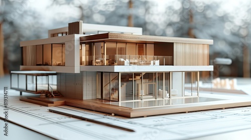 An architectural model showing the construction plan and all the details of a modern house. A close-up shot captures all the fine details.