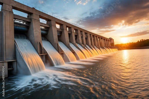  the dam flows clean water in the morning, Industrial waste water treatment plant purifying water 