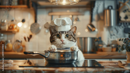 Cat Dressed as Chef Cooking in Kitchen