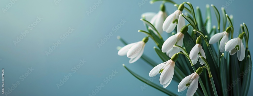 Snowdrops Blooming on Blue Background Snowdrops Blooming on Blue Background