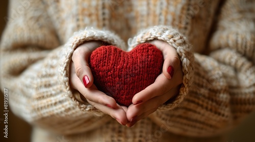 Close-up of hands holding a knitted red heart  symbolizing love and care. Warm sweater and tender gesture. Conceptual and lifestyle image. AI