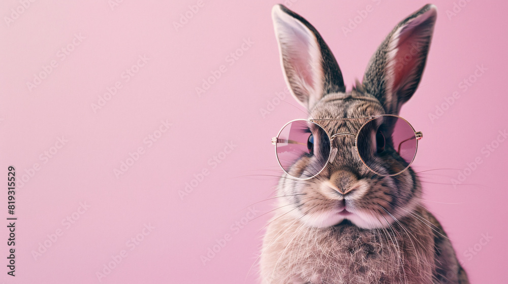Fashionable Rabbit Wearing Sunglasses on Pink Background