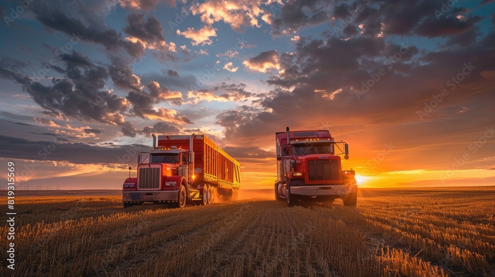 Fototapeta premium A red tractor and a truck are driving towards each other in a field at sunset. In front of them stands a modern cargo trailer with its headlights on. Dark clouds are depicted in the background.