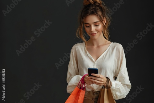 Asian Woman Holding Shopping Bags and Looking at Her Phone