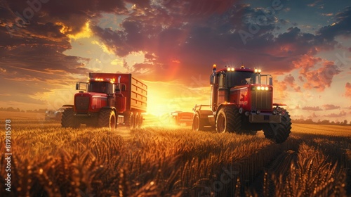 A red tractor and a truck are driving towards each other in a field at sunset. In front of them stands a modern cargo trailer with its headlights on. Dark clouds are depicted in the background.