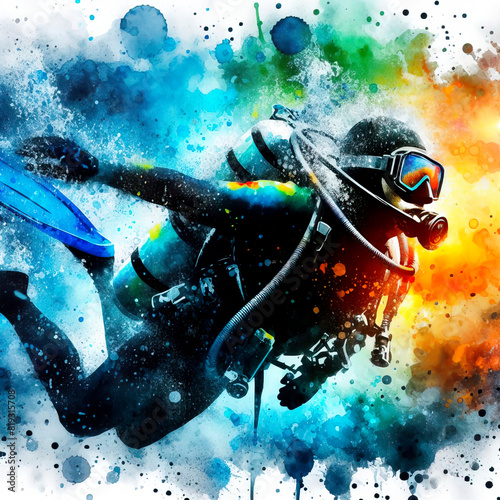 Diver in watercolor, scuba diver, scuba diver in watercolor
