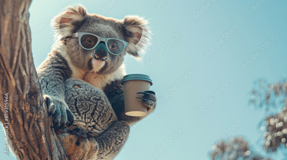 Koala with Sunglasses Holding a Coffee Cup