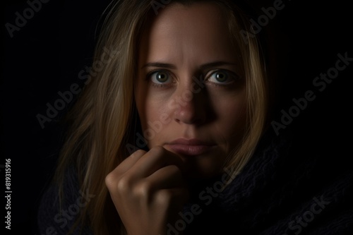 low key portrait of a worried adult woman face covering her mouth looking at camera