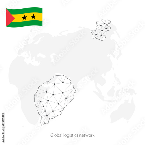 Global logistics network concept. Communications network map Sao Tome and Principe on the world background. Map Sao Tome and Principe with nodes in polygonal style and flag.  EPS10.