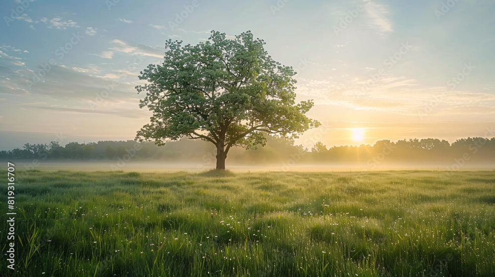 Sunrise Over Misty Meadow with Lone Tree Sunrise Over Misty Meadow with Lone Tree