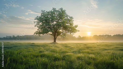Sunrise Over Misty Meadow with Lone Tree