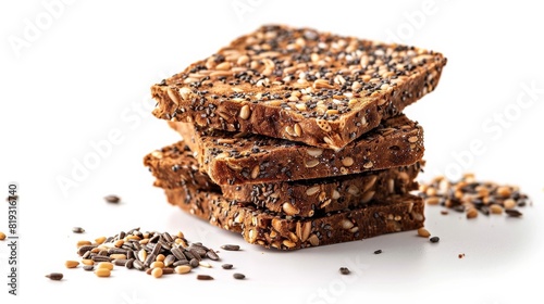 Stack of wholegrain crispy bread with sunflower, chia and sesames seeds. Generative AI photo