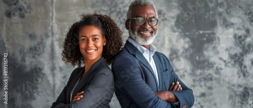 Two Business People in Front of Gray Background