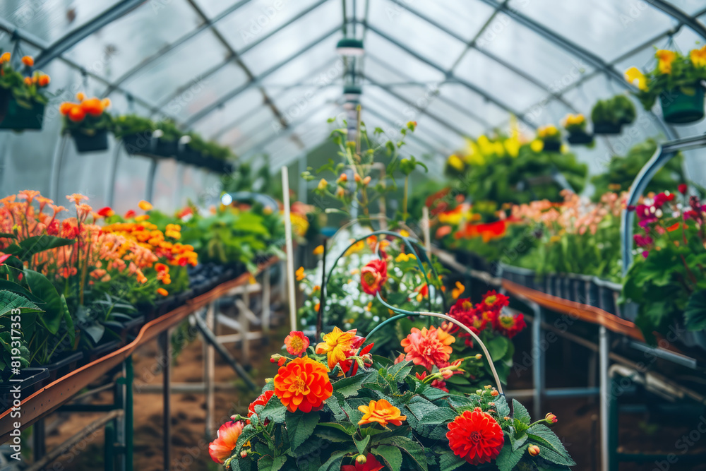 Fototapeta premium flower greenhouse with flowering plants for sale, dahlias in pots in rows