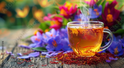 Saffron Tea and Flowers on Wooden Table