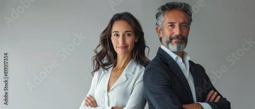 Two Business People in Front of Gray Background