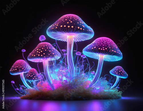 Mushrooms neon color 3d, holography illumination, purple pink blue on a black background, illustration.