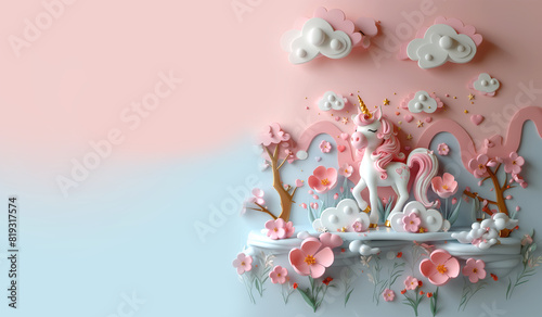 White unicorn with closed eyes and raised left front leg. Beautiful multi-coloured tail and mane, heart shaped blocks and stars on a pink background. Blue and pink waves, flowers and glossy blue floor photo