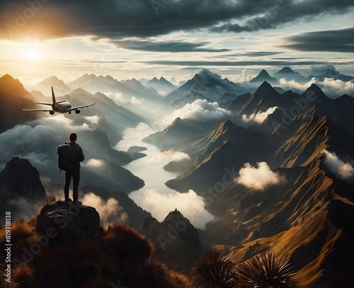 Hiker Enjoys Mountain Peaks Sunset as Plane Passes Over Valley