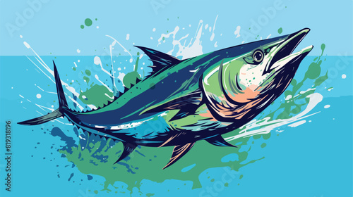 vector sketch sea tuna fish on abstract green splas photo