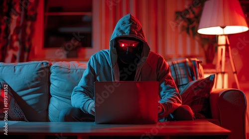 A hacker in hoodie and balaclava mask sitting at the table with laptop, looking into camera, evening background of modern library, low angle shot, dramatic light, cinematic, photo taken by Sony Alpha photo