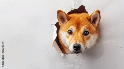  Shiba Inu dog sticking its head out of a tear in white paper © Vladyslav  Andrukhiv
