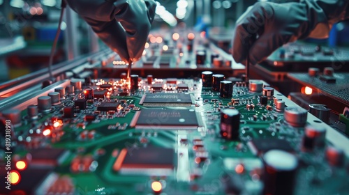 Shot of an Electronics Factory Workers Assembling Circuit Boards by Hand While it Stands on the Assembly Line