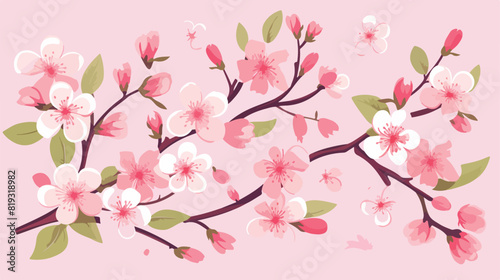 Vector spring pink flowers with leaves gentle patte