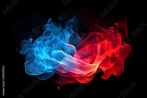  abstract neon flame cloud engulfed in a struggle of blue and red smoke representing the cold versus