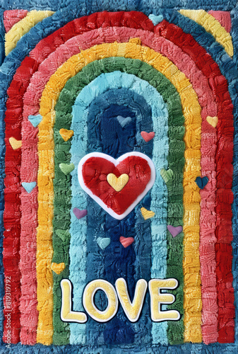A vibrant carpet featuring a rainbow and heart design, with the word "LOVE" at the bottom. The piece is full of colorful details and emphasizes the message of love and inclusivity.