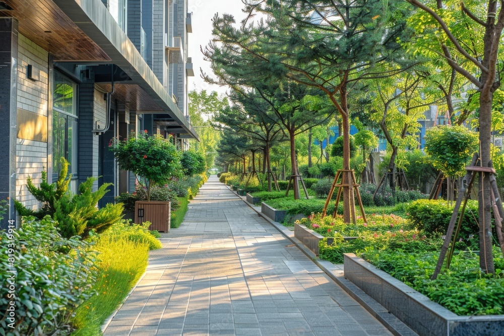Sidewalk lined with thriving plants and trees in a sustainable urban setting, promoting eco-friendly living. Sidewalk lined with thriving plants and trees in a sustainable urban setting, promoting eco-friendly living.