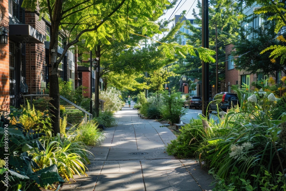 Sidewalk lined with thriving plants and trees in a sustainable urban setting, promoting eco-friendly living Sidewalk lined with thriving plants and trees in a sustainable urban setting, promoting eco-friendly living
