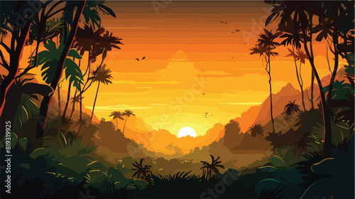 Vector Tropical jungle sunset silhouette panorama b