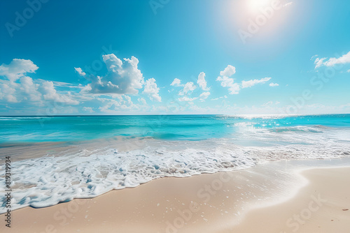  Sunny tropical beach with clear sky and gentle waves