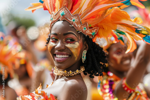 A lively Caribbean carnival parade, with dancers in elaborate costumes moving to the infectious rhythms of soca and calypso music. Concept of cultural festivity and jubilation. Generative Ai.