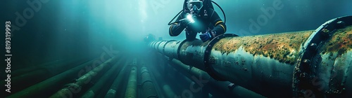 Diver in a diving suit inspecting an underwater oil and gas pipeline, hyper realistic photo in the style of high resolution photography, cinematic light, ultra wide angle, real, high detail