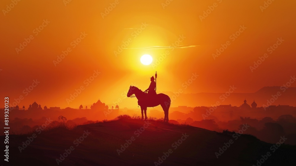 Silhouette of a indian warrior shivaji maharaj on horse at sunset