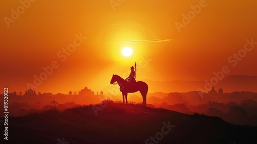 Silhouette of a indian warrior shivaji maharaj on horse at sunset