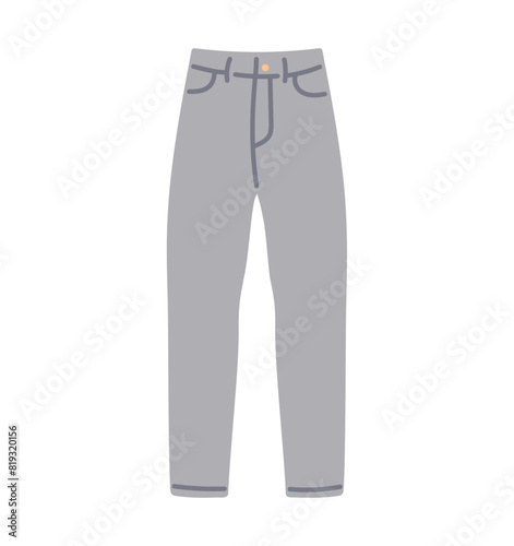 Fashion jeans trousers, modern jeans pants, denim fabric trousers, cotton clothes, casual women apparel with button and pockets, trendy slim leg wearing on white background flat vector illustration.