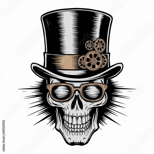 Skull. Graphic, sketch portrait of a skull in a hat with glasses in the style of steam punk on a white background. Digital vector graphics.