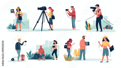 Vector video bloggers content concept set. Men wome photo