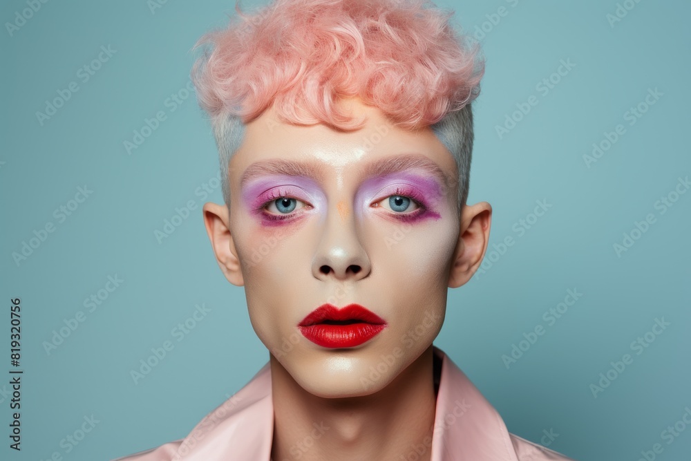 Close up of gay man with funky bright makeup on blue background. Male wearing rainbow colored eyeshadow. Gay lifestyle and LGBT fashion. Beauty, makeup and skin care concept. Design for banner, flyer Close up of gay man with funky bright makeup on blue background. Male wearing rainbow colored eyeshadow. Gay lifestyle and LGBT fashion. Beauty, makeup and skin care concept. Design for banner, flyer