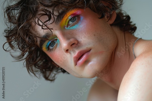 Close up of gay man with funky bright makeup on gray background. Male wearing rainbow colored eyeshadow. Gay lifestyle and LGBT fashion. Beauty, makeup and skin care concept. Design for banner, flyer