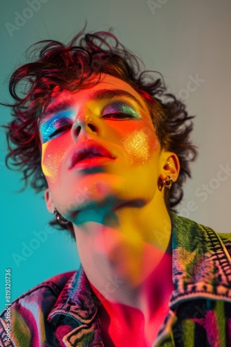 Close up of gay man with funky bright makeup on neon background. Male wearing rainbow colored eyeshadow. Gay lifestyle and LGBT fashion. Beauty, makeup and skin care concept. Design for banner, flyer