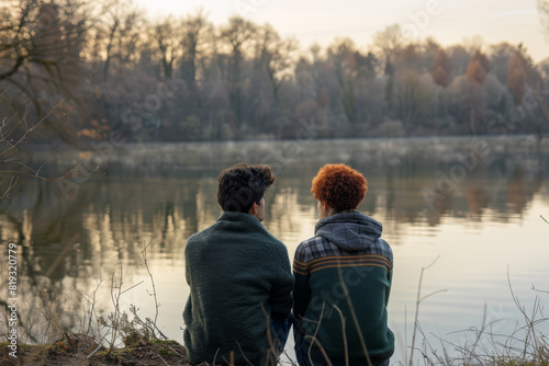 Two genderqueer partners sharing a quiet moment of reflection by a tranquil lake, feeling at peace with themselves and their relationship. Concept of genderqueer love and serenity. Generative Ai.