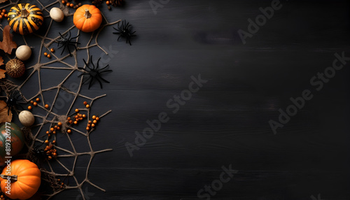 Halloween background with pumpkins spiders and leaves on blackboard
 photo