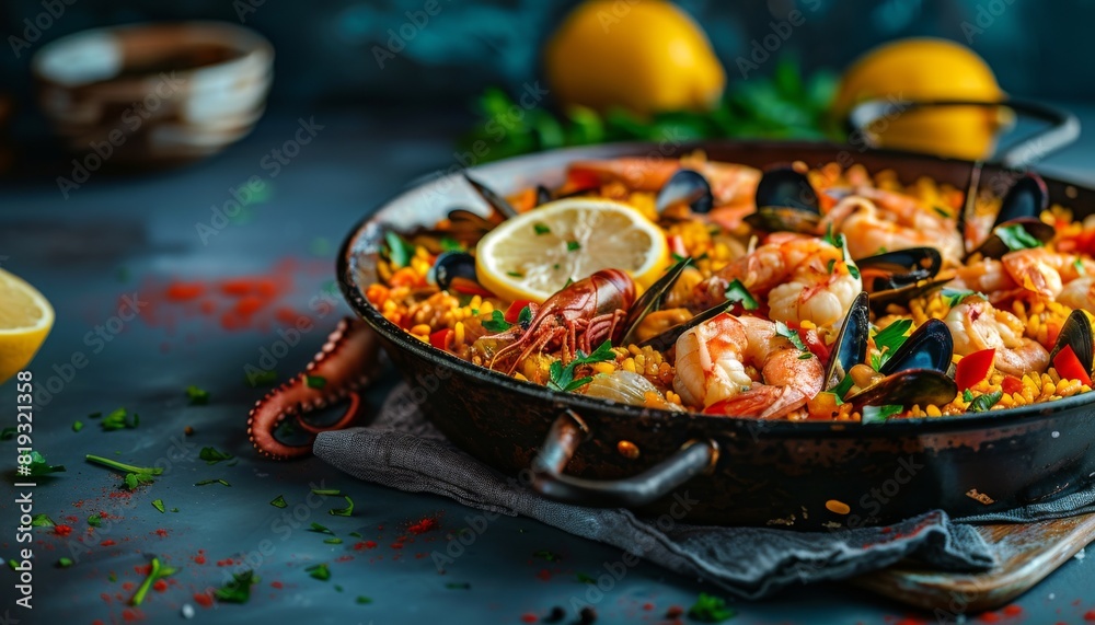 Paella With Shrimp and Mussels in a Pan Paella With Shrimp and Mussels in a Pan